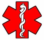 Six sided red cross with medical staff/snake